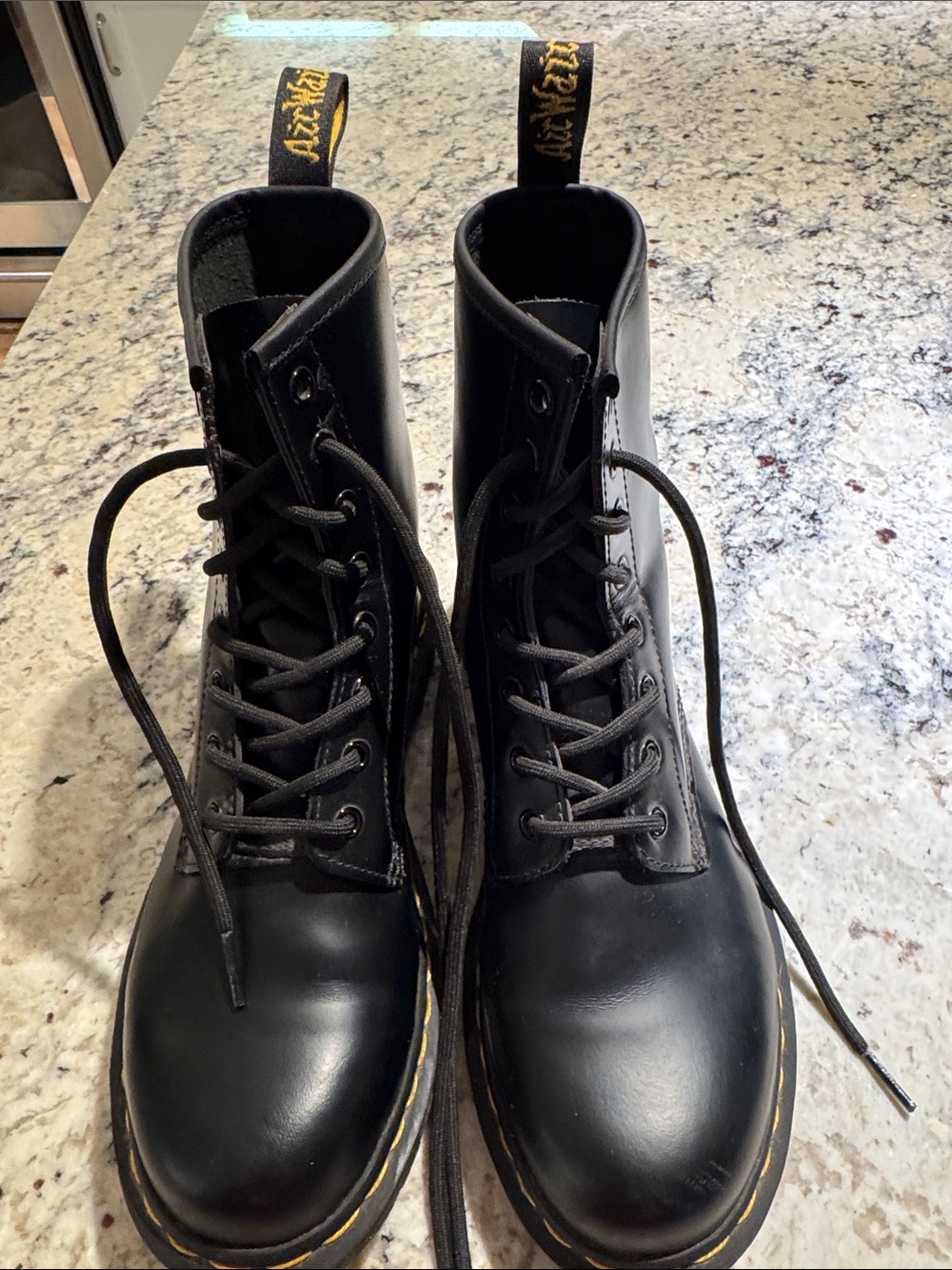 Dr. Martens Black Leather 8-Eye Combat Boots with Yellow Stitching